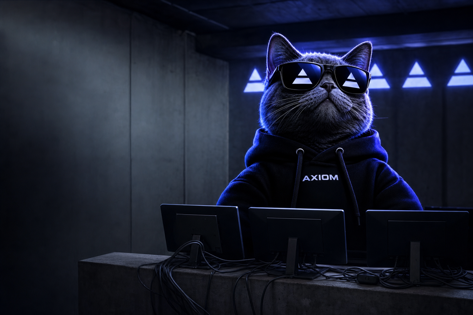 Axiom CAT in sunglasses and an Axiom hoodie, seated behind three monitors in a dark concrete trading room lit by blue triangles